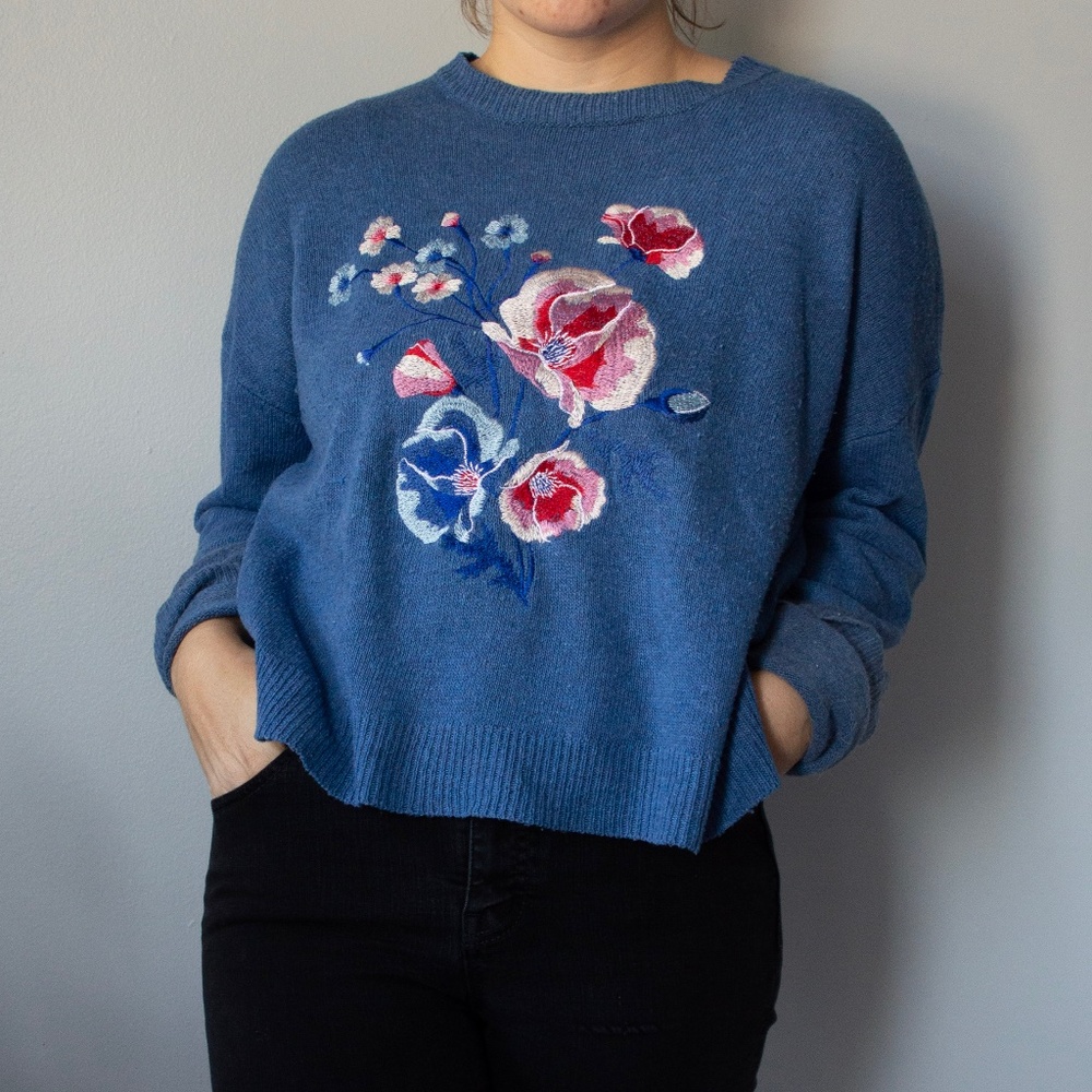 Embroidered Blue Wool Pullover Sweater